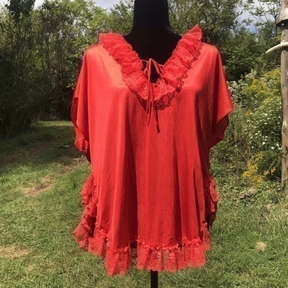 Vintage 70s 80s Red Ruffled Silky Lingerie Top or Gown